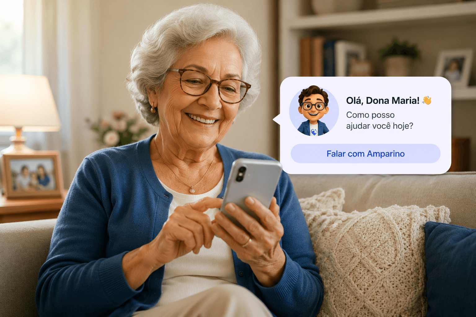 Senhora sorrindo enquanto conversa com o Amparino no celular